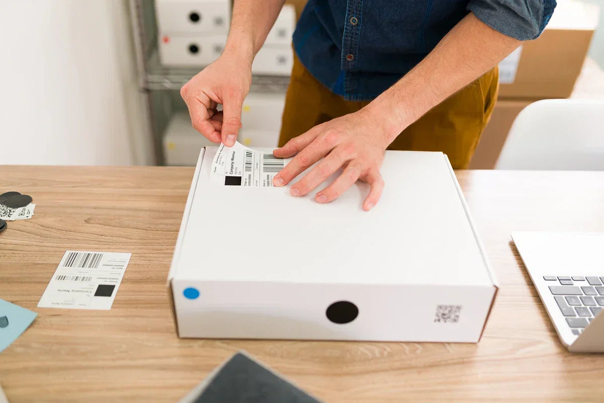 Person applying thermal printer shipping label to package