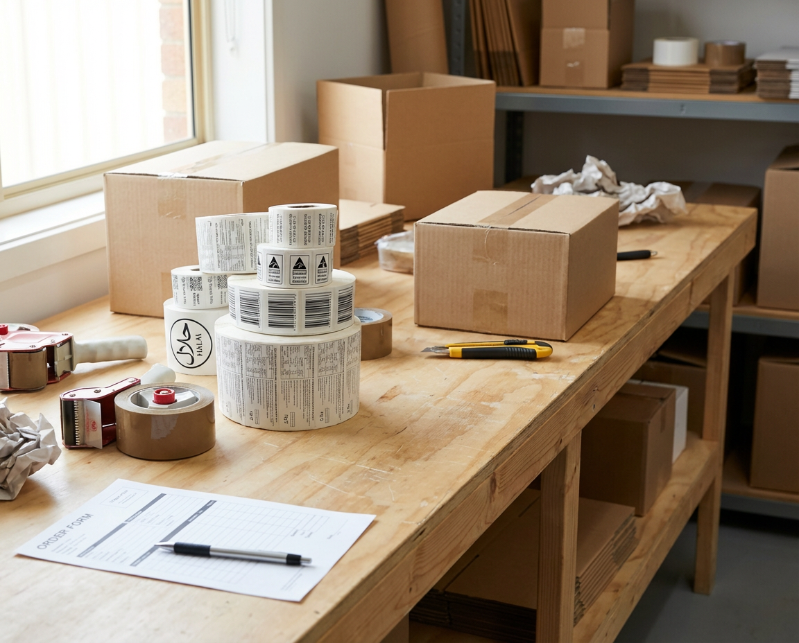 Food label printing final product displayed on desk